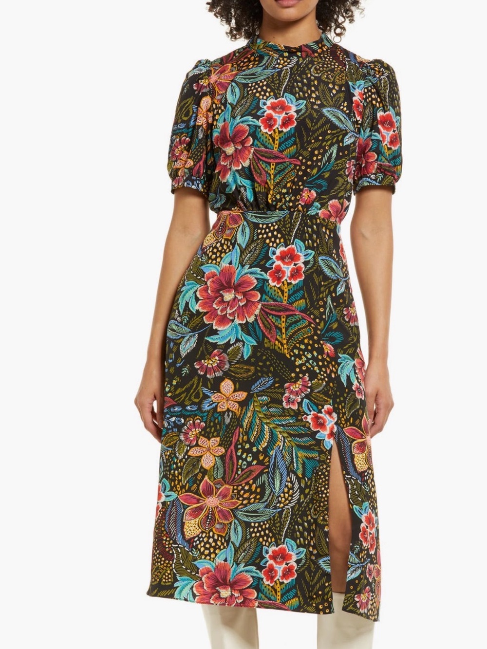 julia jordan Olive Floral Midi Dress with Side Slit
